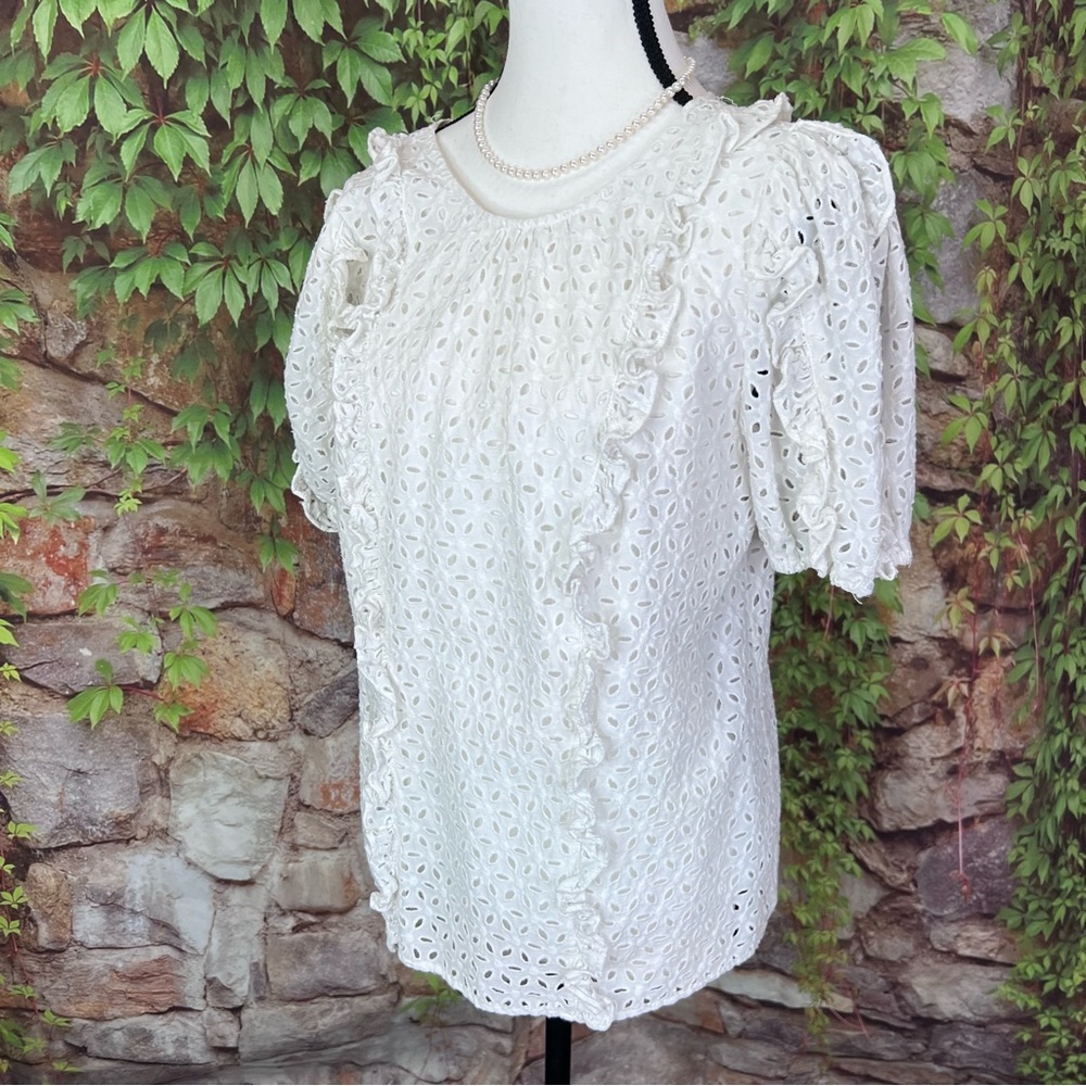 RACHEL PARCELL Cottagecore White Eyelet Ruffle Accent Puff Sleeve Summe Blouse M - Picture 4 of 10